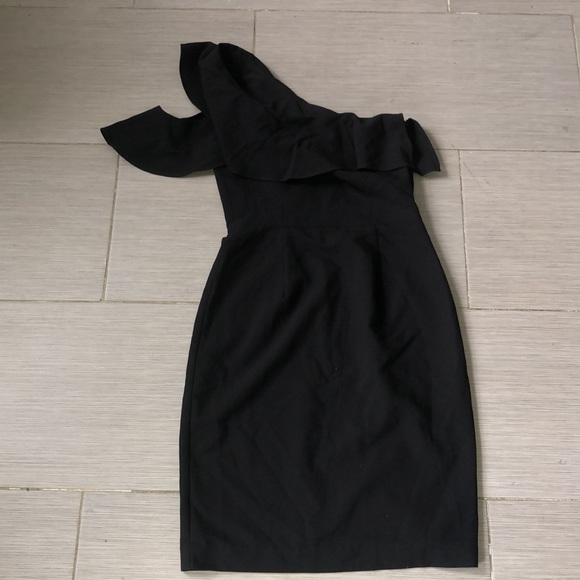 Black halo Kimora sheath a draped flounce trims the one shoulder neckline size 2 - Picture 3 of 5